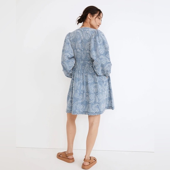 Madewell Bubble-Sleeve Button-Front Mini Dress in Indigo Paisley - Picture 2 of 11